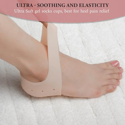 Wonder Care Pair of 1 & 2 Silicone Heels Protectors for Moisturizing Heels, Cracked Heel Protection, Relief Blister, Heel Spurs, and Plantar Fascitis Wrap| Heel Gel Socks| Stretchable| Unisex, Beige