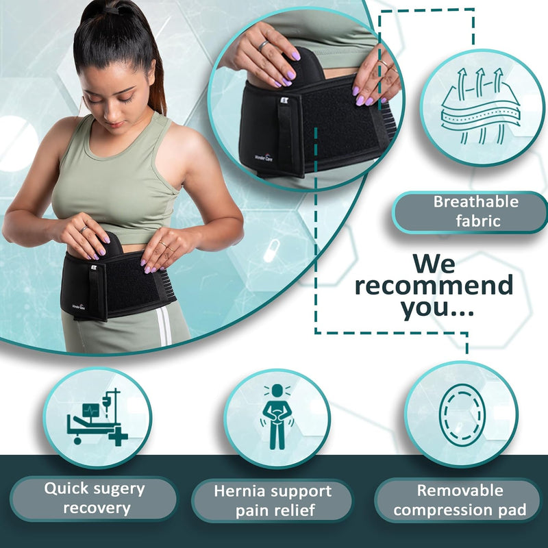 Wonder Care Polyester, Umbilical Black Hernia Belt Pain Relief Support Brace With 1 Removable Compression Pad For Men & Women